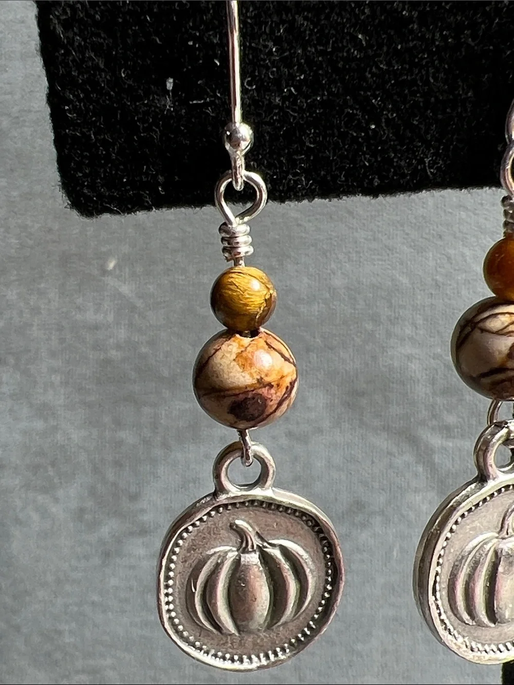 Pumpkin charm sterling 925 dangle earrings Picasso Jasper & tiger eye gemstones